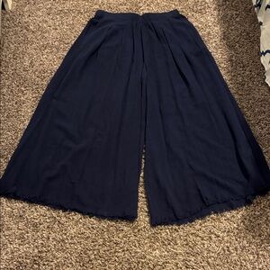 Umgee Women’s Wide Leg Linen Blend Fringe Hem Boho Flowing Navy Trousers-Large